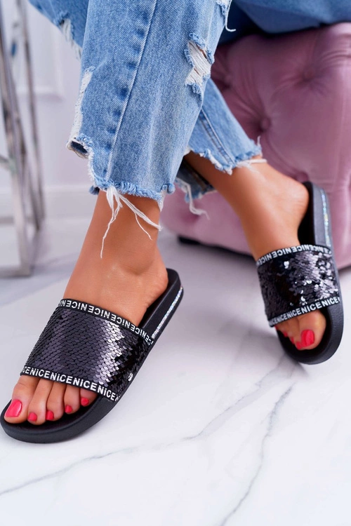 Damskie Klapki Czarne Opalizujące Nice