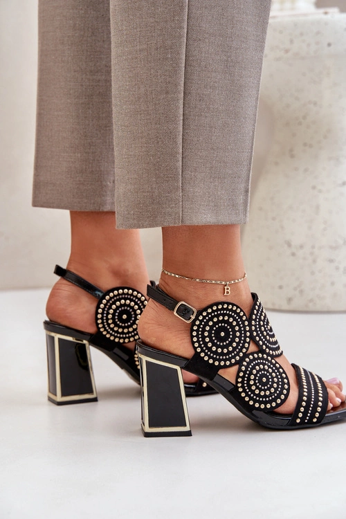 Zdobione Sandały Na Słupku Czarne Delariona