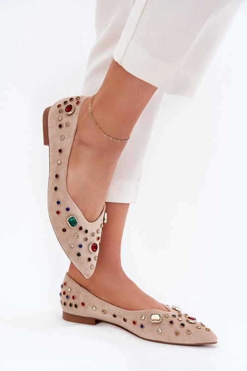 Baleriny Damskie Zdobione Kryształkami Beżowe Valena