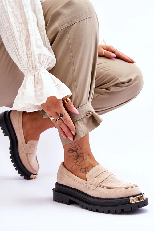 Klasyczne Zamszowe Mokasyny Z Ozdobą Beżowe Monaro