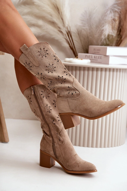 Damskie Ażurowe Kozaki Do Połowy Łydki Z Eko Zamszu Beżowe Nevilos