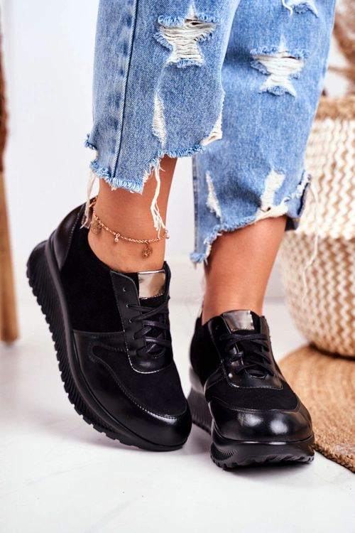 Obuwie Sportowe Damskie Skórzane Czarne Gianna