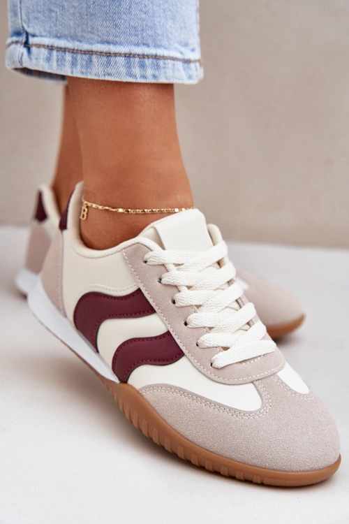Klasyczne Sneakersy Damskie Z Eko Skóry Beżowo-Bordowe Maretina