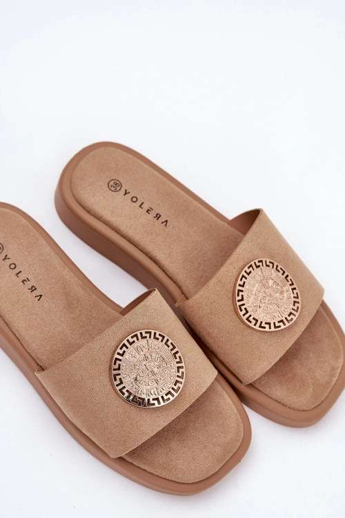 Klapki Damskie Ze Złotą Ozdobą Beżowe Kaliora