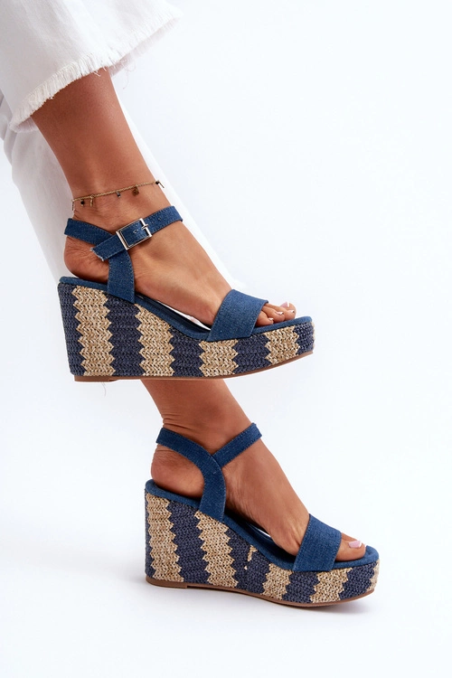 Jeansowe Sandały Damskie Na Koturnie Z Plecionką Niebieskie Reviala