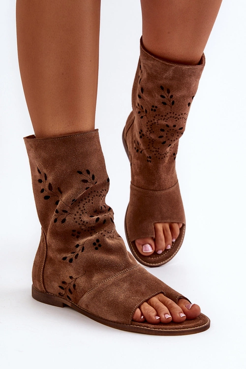 Zazoo 3437 Damskie Zamszowe Sandały Z Cholewką Na Zamek Brązowe