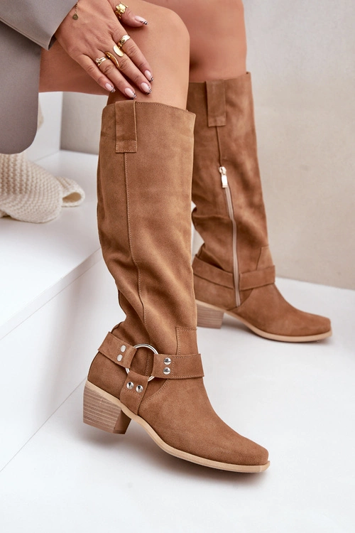 Zamszowe Kozaki Na Niskim Obcasie Z Cholewką Przed Kolano Zazoo 3444/O Camel