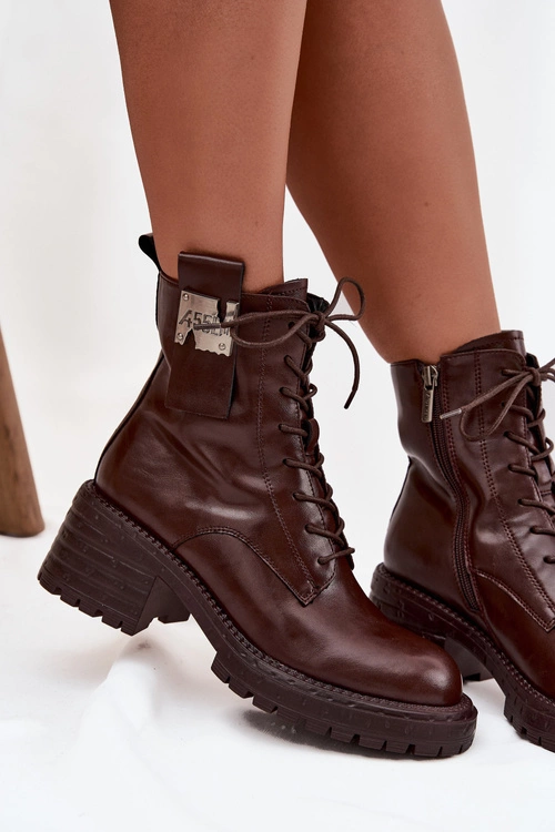 Skórzane Botki Workery Damskie Na Klocku Z Ozdobnym Detalem Artiker 57C0213 Brązowe