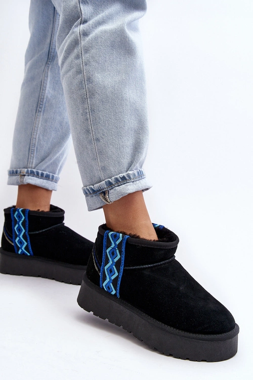 Skórzane Zamszowe Śniegowce Damskie Na Grubej Podeszwie Czarne Vebissat