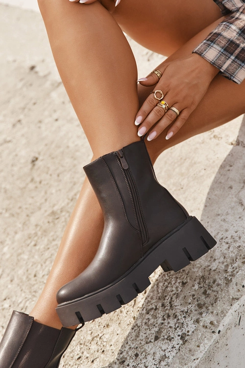 Botki Sztyblety Damskie Ocieplane Na Zamek Eko Skórzane Ciemnobrązowe Fivienne