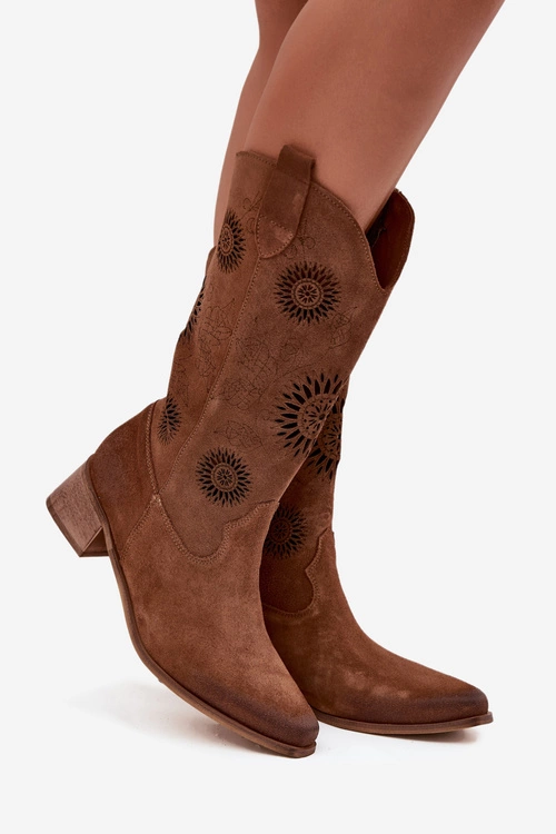 Ażurowe Kozaki Damskie Z Naturalnego Zamszu Na Klocku Zazoo 3793 Brązowe