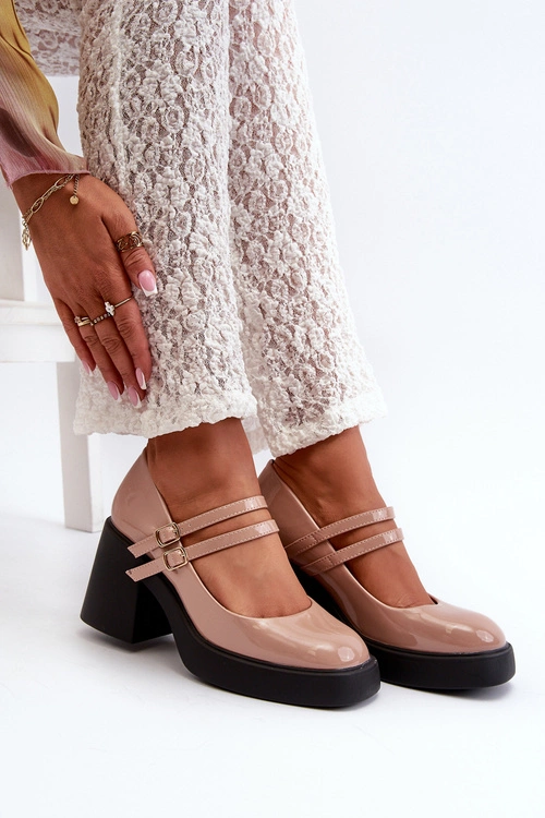 Czółenka Na Masywnym Obcasie Lakierowane Ciemnobeżowe Halmina