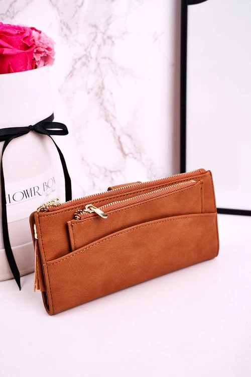 Duży Portfel Damski Z Dodatkową Portmonetką I Frędzlami Brązowy