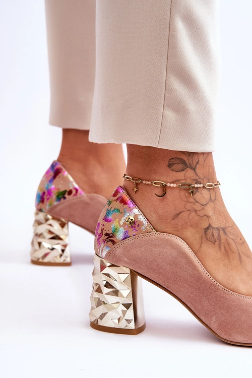 Zamszowe Czółenka Z Ozdobnym Obcasem Maciejka 05042-15 Różowe