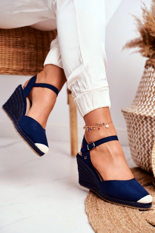 Sandały Damskie Na Plecionej Koturnie Big Star Granatowe DD274A172