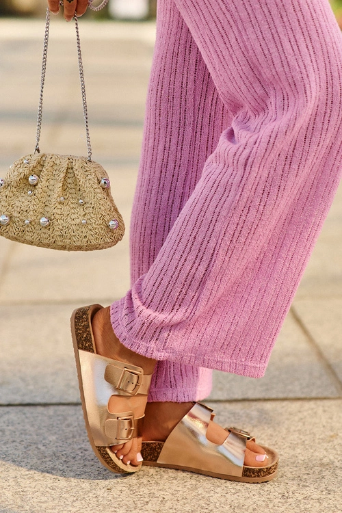 Damskie Klapki Na Korkowej Platformie Z Klamrami Różowe Złoto Klinesta