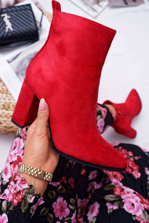 Botki Damskie Na Słupku Suwak W Szpic Czerwone Ferol