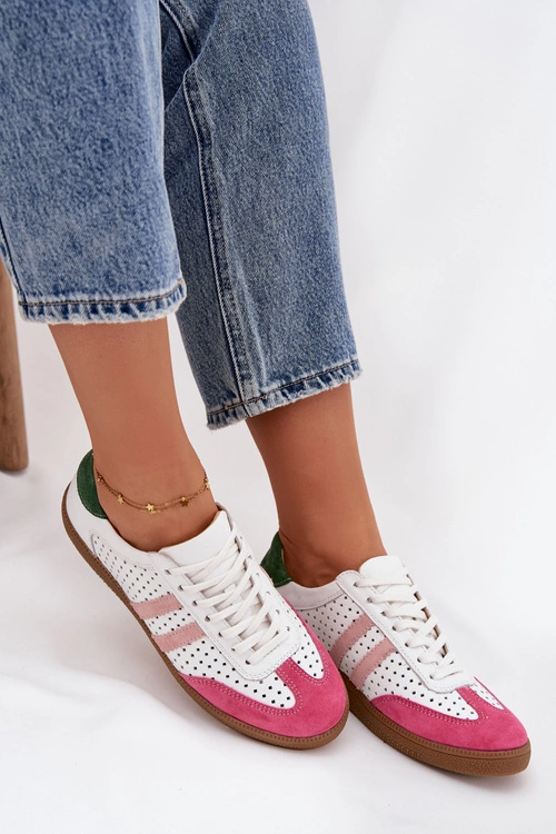 Skórzane Ażurowe Sneakersy Damskie Zazoo N1318 Biało-Różowe