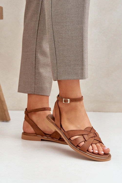 Skórzane Sandały Damskie Na Płaskim Obcasie Zazoo 3688 Camel