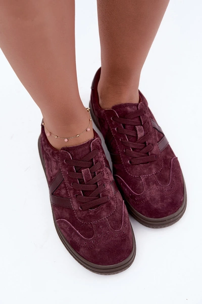 Skórzane Zamszowe Sneakersy Damskie Bordowe Cariva