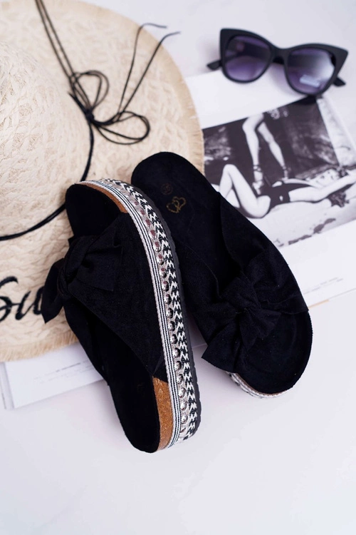 Klapki Damskie Z Kokardami Gruba Podeszwa Czarne Milady