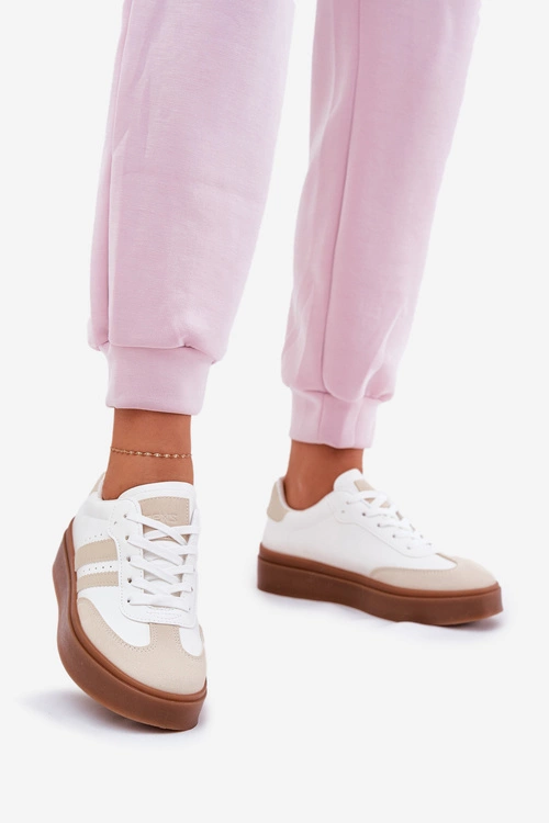 Sneakersy Damskie Na Platformie Z Eko Skóry Beżowo-Białe Ediriella