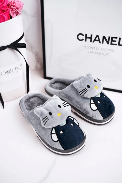Dziecięce Ocieplane Klapki Papcie Szare Kitty
