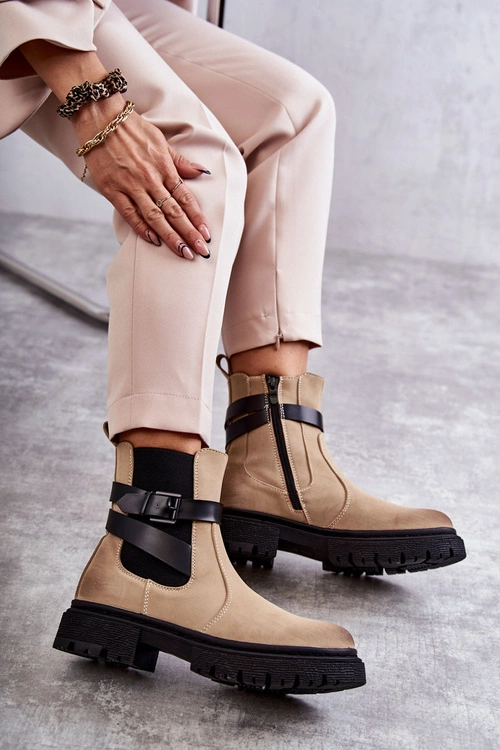 Damskie Ocieplane Botki Sztyblety Z Paskiem Beżowe Jose