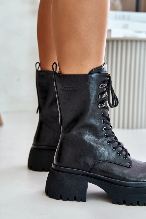 Skórzane Botki Workery Damskie Ocieplane GOE OO2N4121 Czarne