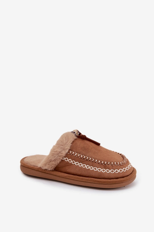 Kapcie Damskie Z Futerkiem I Haftem Brązowe Perivelle