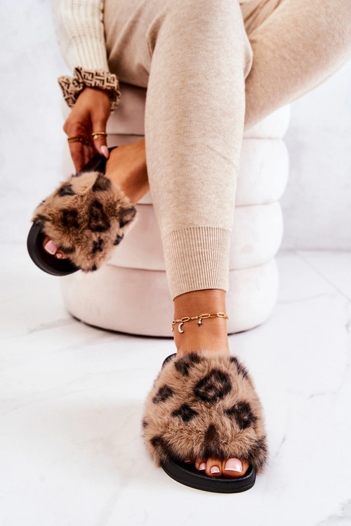 Klapki Z Futerkiem Gumowe Panterka Brązowe Noelle