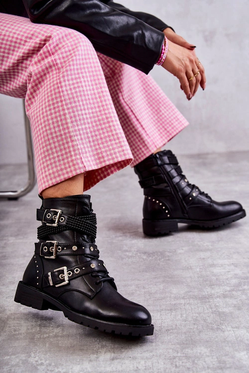 Damskie Skórzane Botki Z Ozdobnymi Paskami Czarne Russo