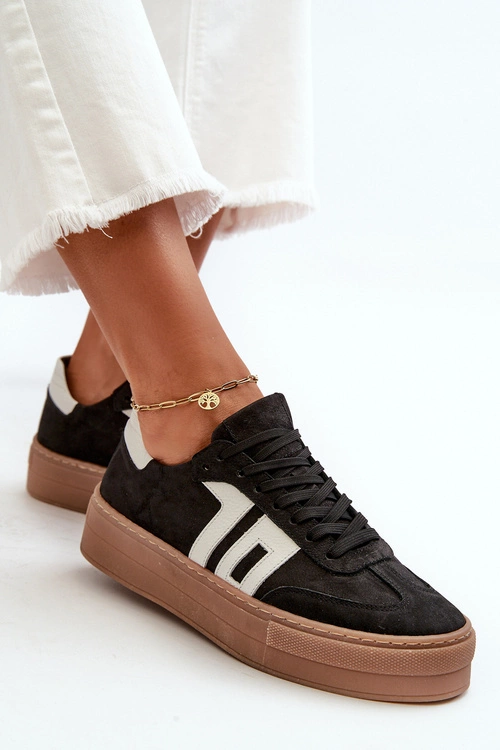 Zazoo N1095S2 Sneakersy Skórzane Damskie Na Platformie Czarne