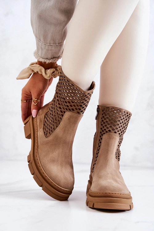 Skórzane Botki Workery Nicole Jasnobrązowe 2711