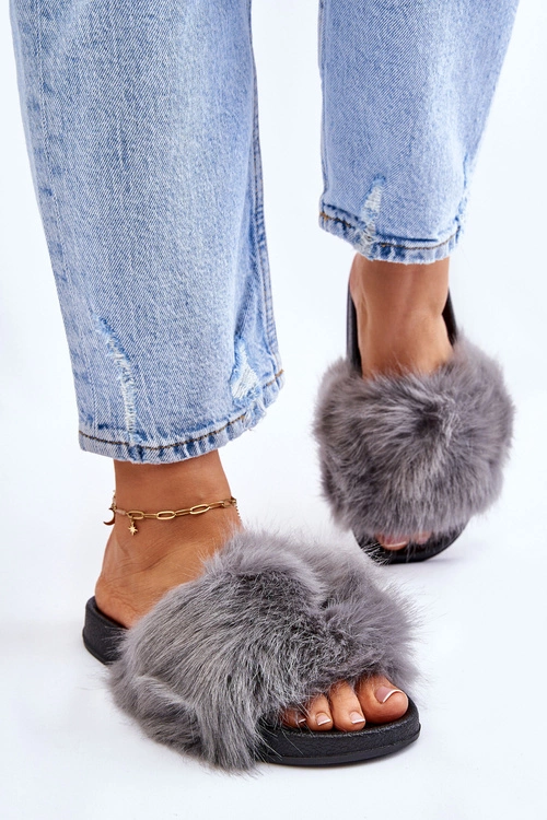 Damskie Klapki Z Futerkiem Szare Kennet