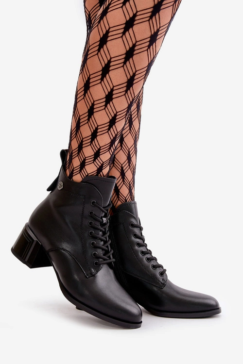 Sznurowane Botki Damskie Na Obcasie Ze Skóry Naturalnej Ocieplane Czarne Vinceza 91110