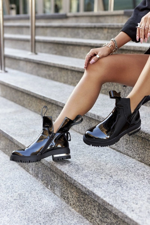 Damskie Lakierowane Botki Z Wycięciami Czarne Melbourne