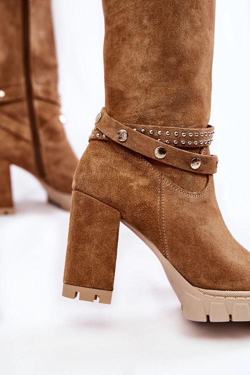 Damskie Kozaki Na Słupku Lewski Shoes 3246 Beżowe