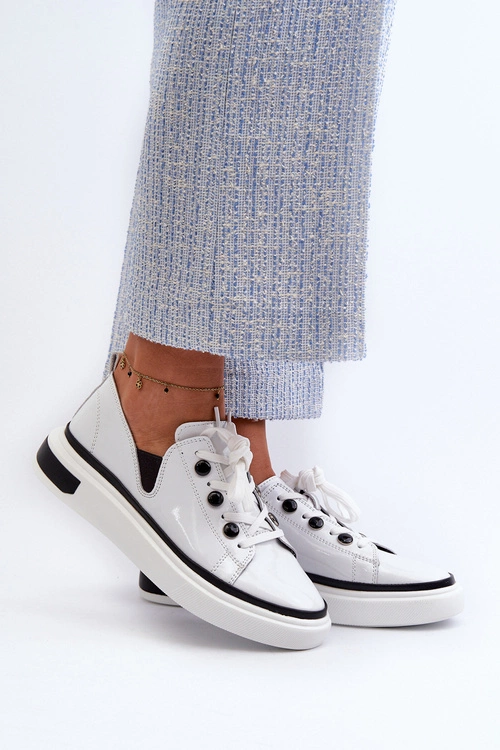 Lakierowane Sneakersy Damskie Skórzane D&A LR535 Białe