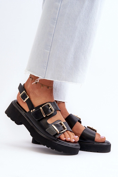 Sandały Damskie Z Klamrami Eko Skórzane Czarne Konanttia