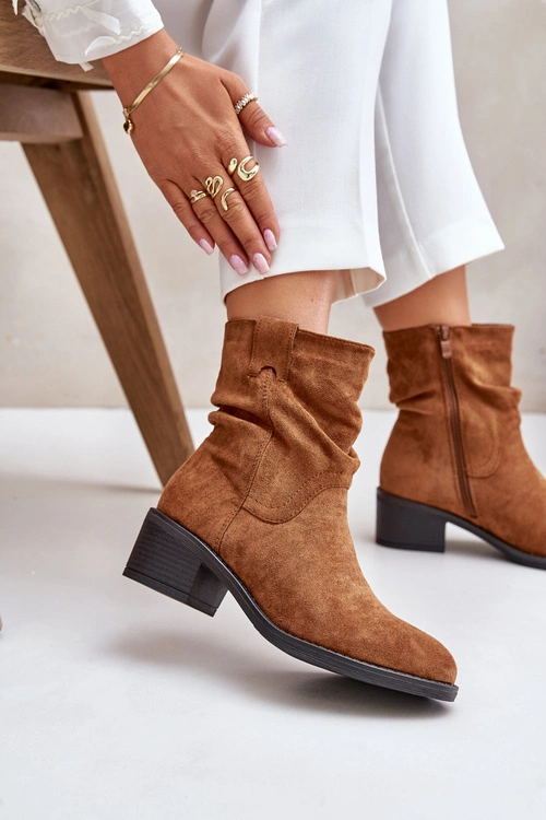 Ocieplane Botki Damskie Z Marszczoną Cholewką Na Niskim Obcasie Camel Zinanya