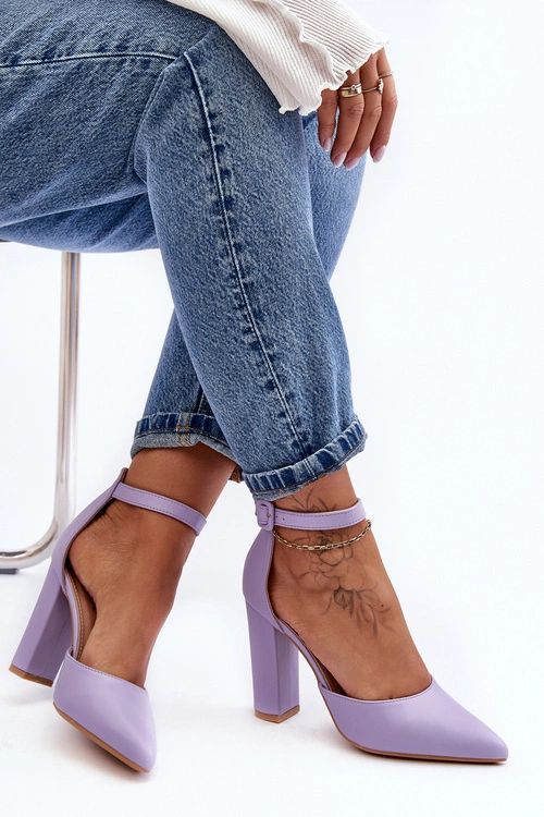 Skórzane Czółenka Na Wysokim Słupku Fioletowe Salira