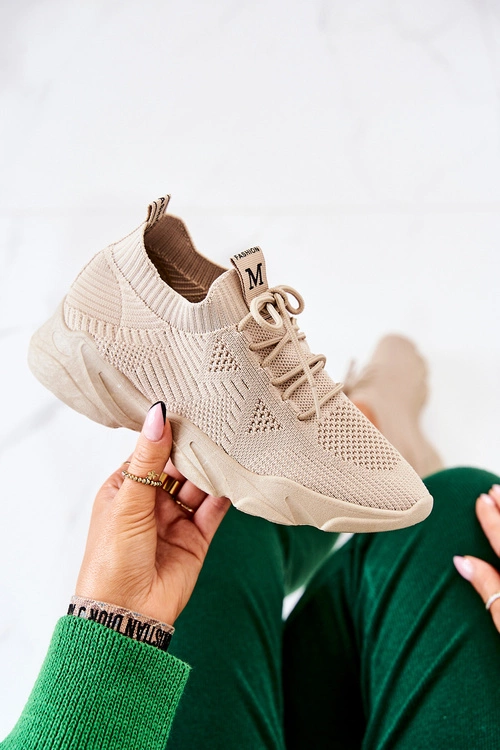 Sportowe Buty Sneakersy Materiałowe Ciemnobeżowe Nolene