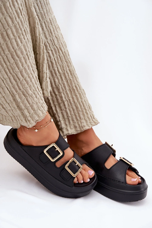 Klapki Damskie Na Platformie Ze Złotymi Klamrami Czarne Zorila