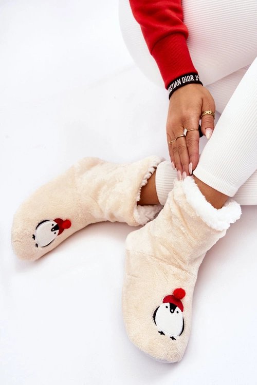 Damskie Wsuwane Ocieplane Papcie Z Pingwinami Kremowe