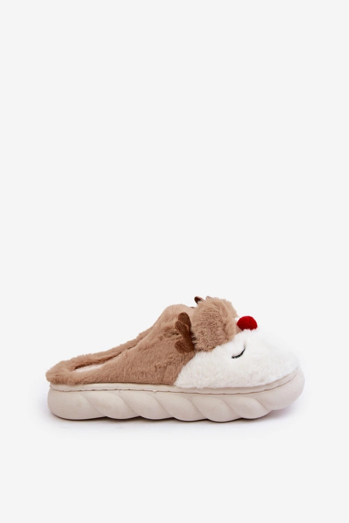 Futrzane Kapcie Damskie Z Motywem Renifera Brązowe Wistira
