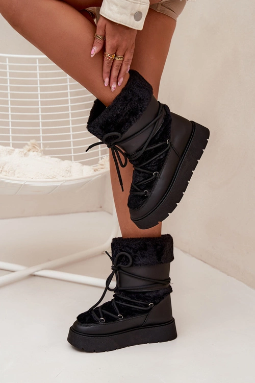 Śniegowce Damskie Z Futerkiem I Wiązaniem Na Platformie Czarne Marinna