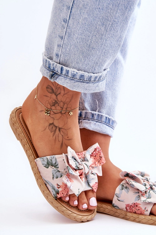 Damskie Klapki Z Materiałową Kokardą Beżowe Blossom