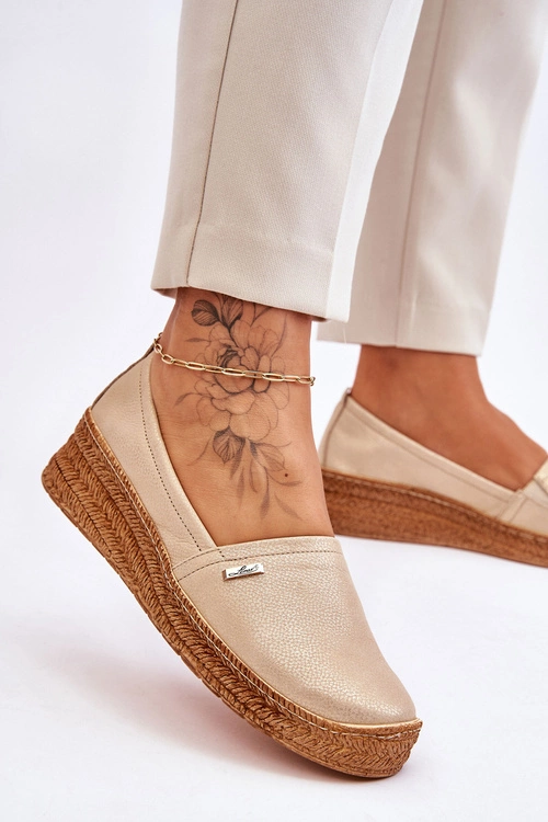 Damskie Skórzane Espadryle Na Koturnie Beżowo-Złote Lemar Hadlee