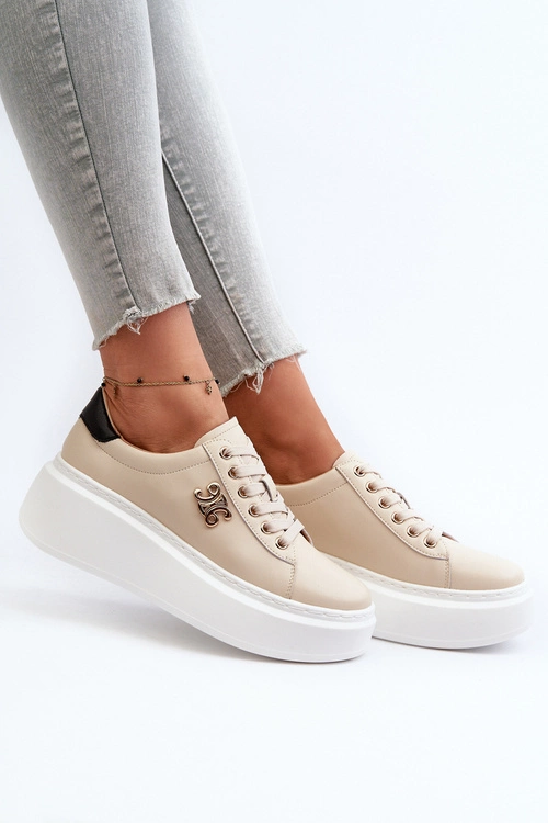 Skórzane Sneakersy Damskie Na Platformie Beżowe Pernalia